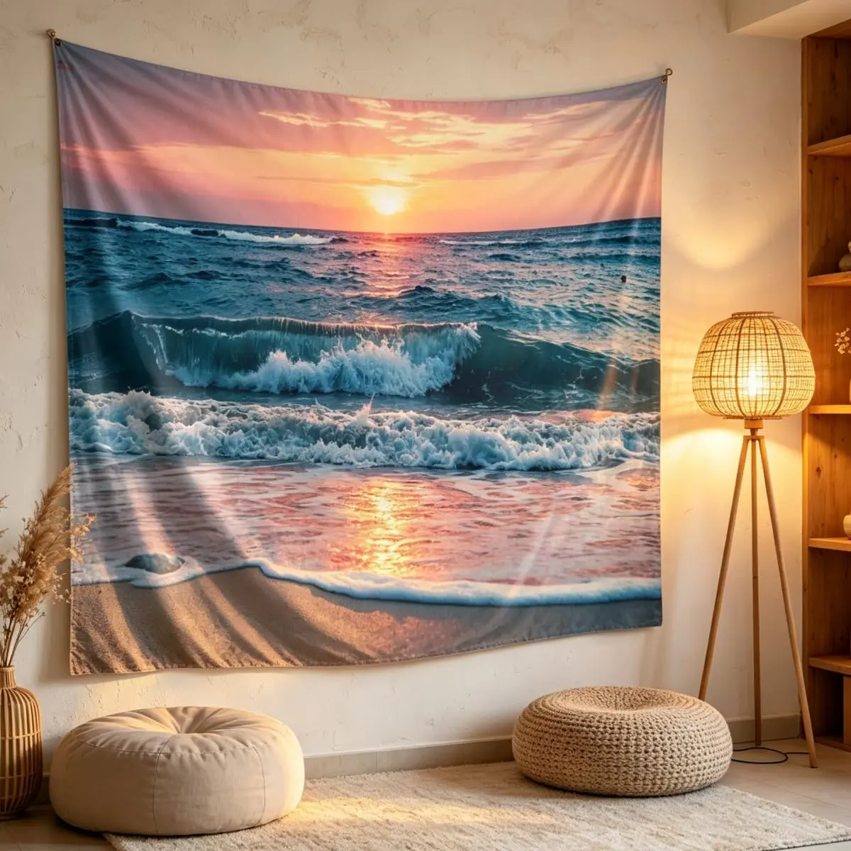 IcosaMro Ocean Tapestry Wall Hanging | Sea Beach Wave Sun Cloud Landscape Nature Wall Art 60x82.7 Blue - view 5
