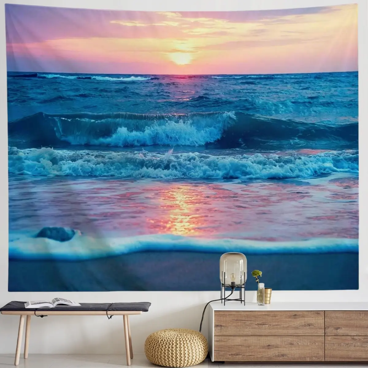 IcosaMro Ocean Tapestry Wall Hanging | Sea Beach Wave Sun Cloud Landscape Nature Wall Art 60x82.7 Blue - view 9