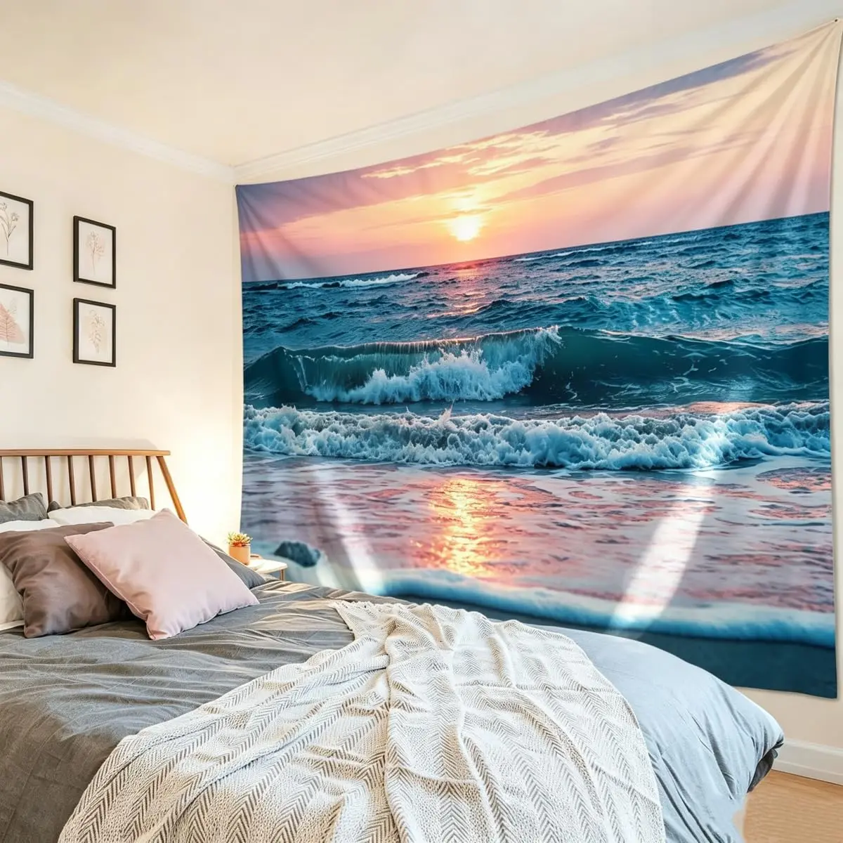 IcosaMro Ocean Tapestry Wall Hanging | Sea Beach Wave Sun Cloud Landscape Nature Wall Art 60x82.7 Blue - view 2