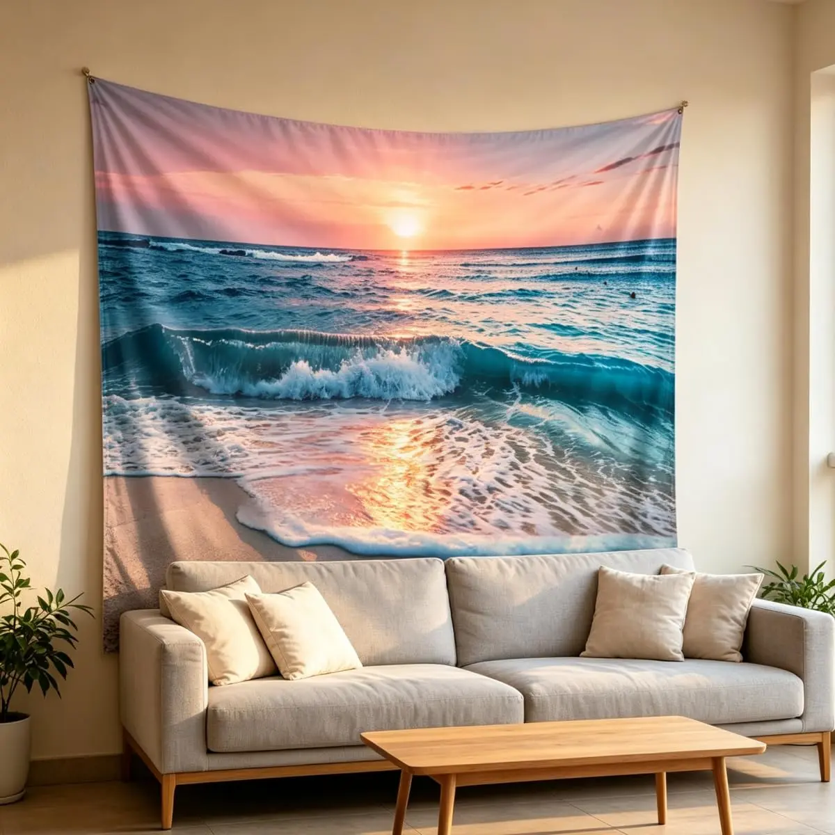 IcosaMro Ocean Tapestry Wall Hanging | Sea Beach Wave Sun Cloud Landscape Nature Wall Art 60x82.7 Blue - view 3