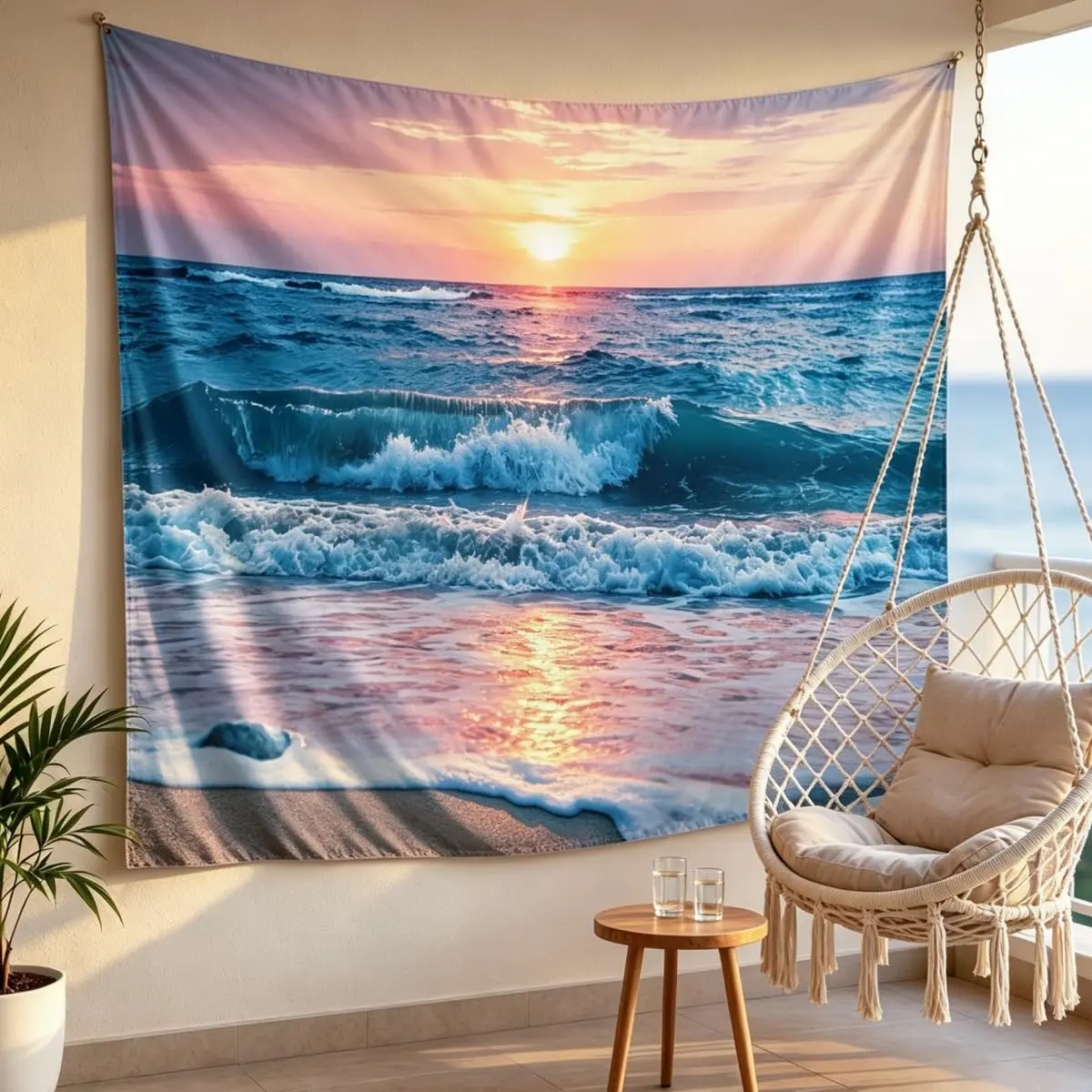 IcosaMro Ocean Tapestry Wall Hanging | Sea Beach Wave Sun Cloud Landscape Nature Wall Art 60x82.7 Blue - view 4