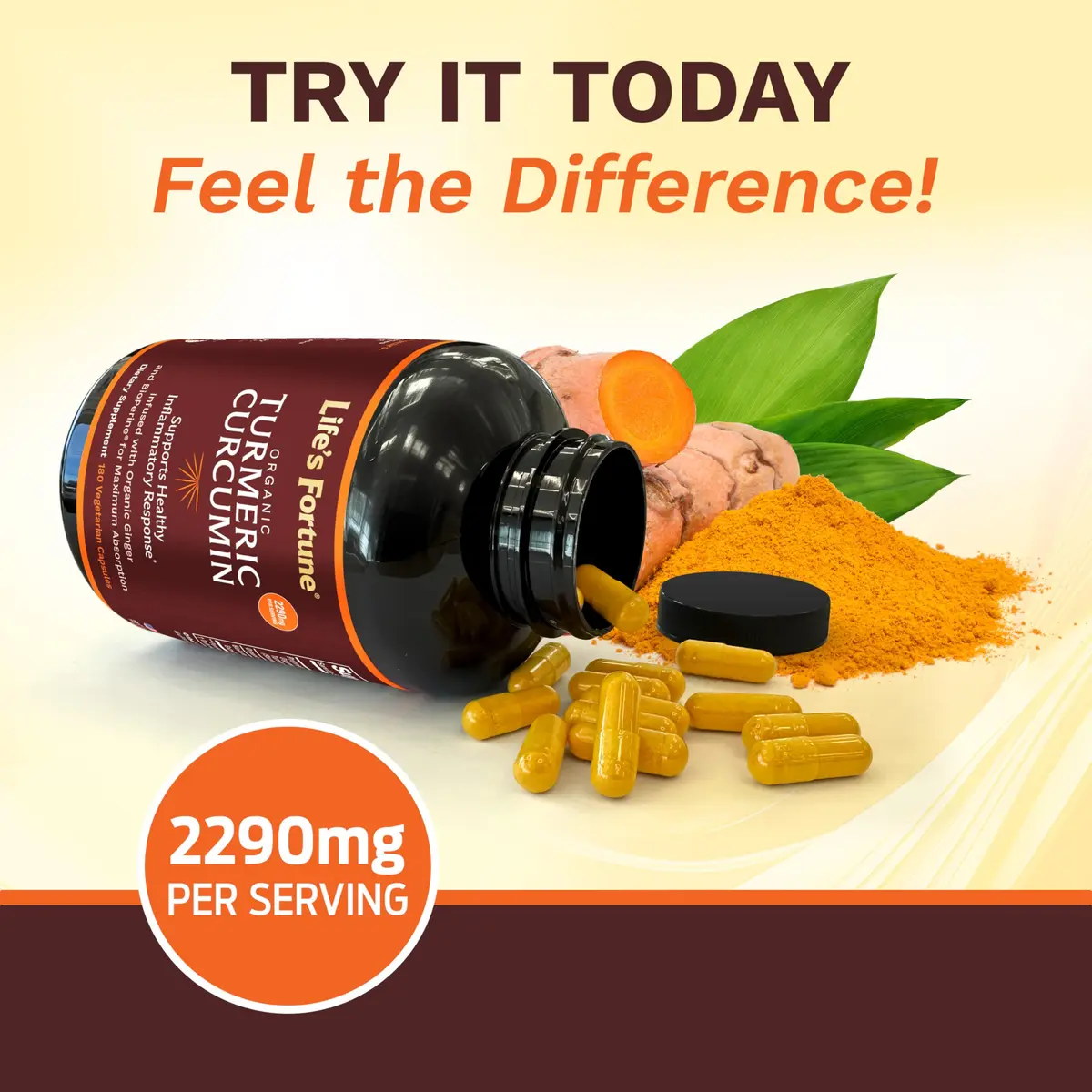 Life's Fortune Organic Turmeric Curcumin with Black Pepper and Ginger | Extra Strength Supplement for Joint & Immune Support, 180 Cap - 2250mg - view 5