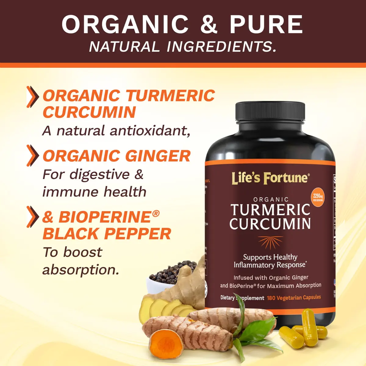 Life's Fortune Organic Turmeric Curcumin with Black Pepper and Ginger | Extra Strength Supplement for Joint & Immune Support, 180 Cap - 2250mg - view 3