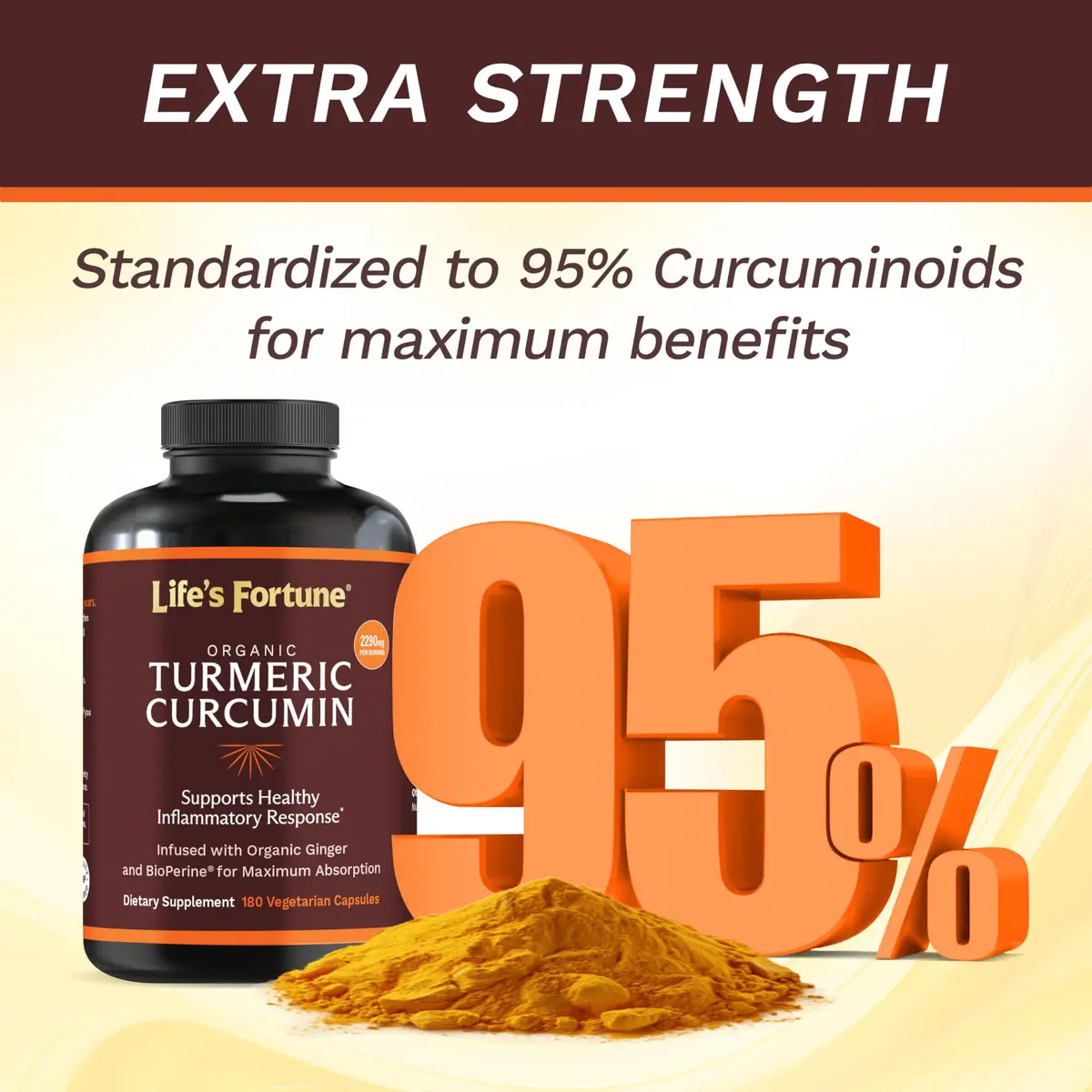 Life's Fortune Organic Turmeric Curcumin with Black Pepper and Ginger | Extra Strength Supplement for Joint & Immune Support, 180 Cap - 2250mg - view 4