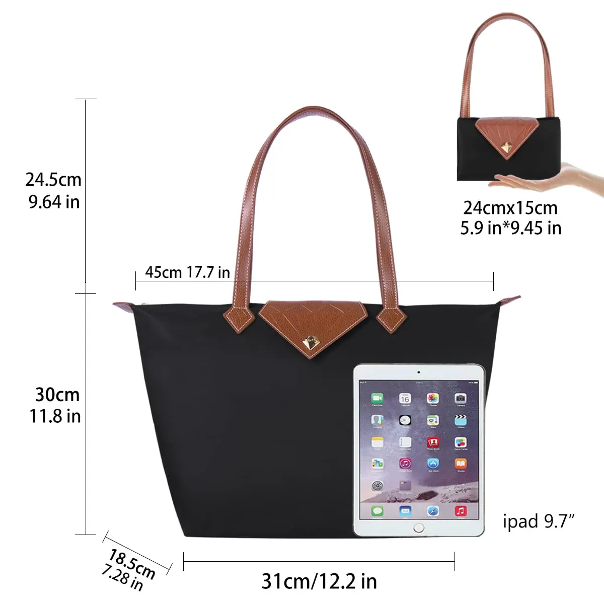 BOJLY Women Tote Bag, Stylish Waterproof Nylon Ladies Shoulder Bag, Folding Beach Travel Bag for Work, Shopping, Black Large (31 x 28.5 x 18.5 cm / 12.2 x 11.2 x 7.28 in) - view 5