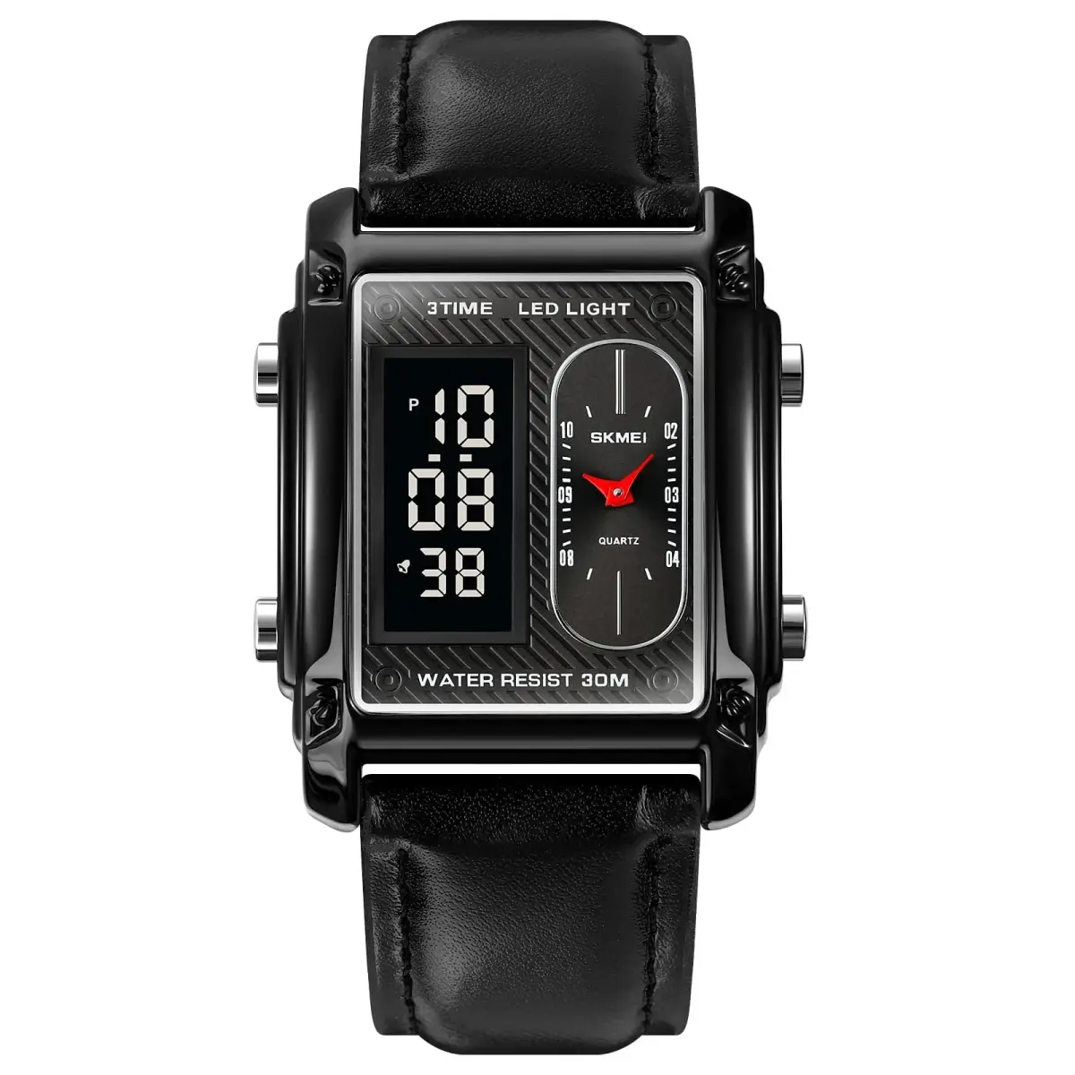 FANMIS Men's Rectangle Analog Digital Sports Watch 38mm Black Leather | Dual Time Alarm Stopwatch - main product image