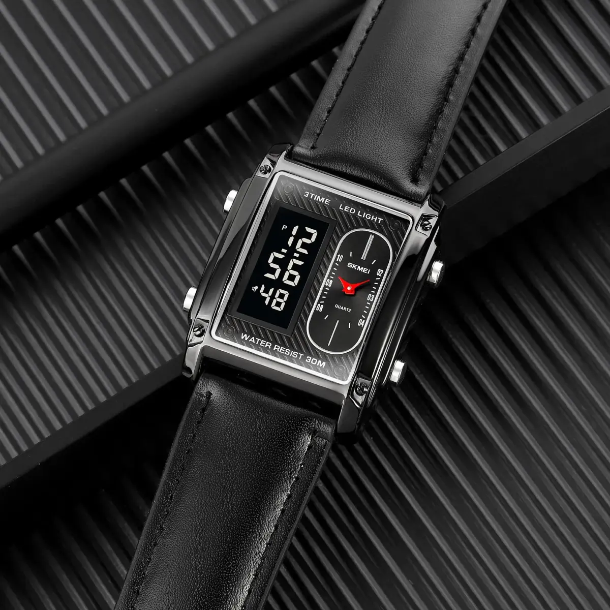 FANMIS Men's Rectangle Analog Digital Sports Watch 38mm Black Leather | Dual Time Alarm Stopwatch - view 5