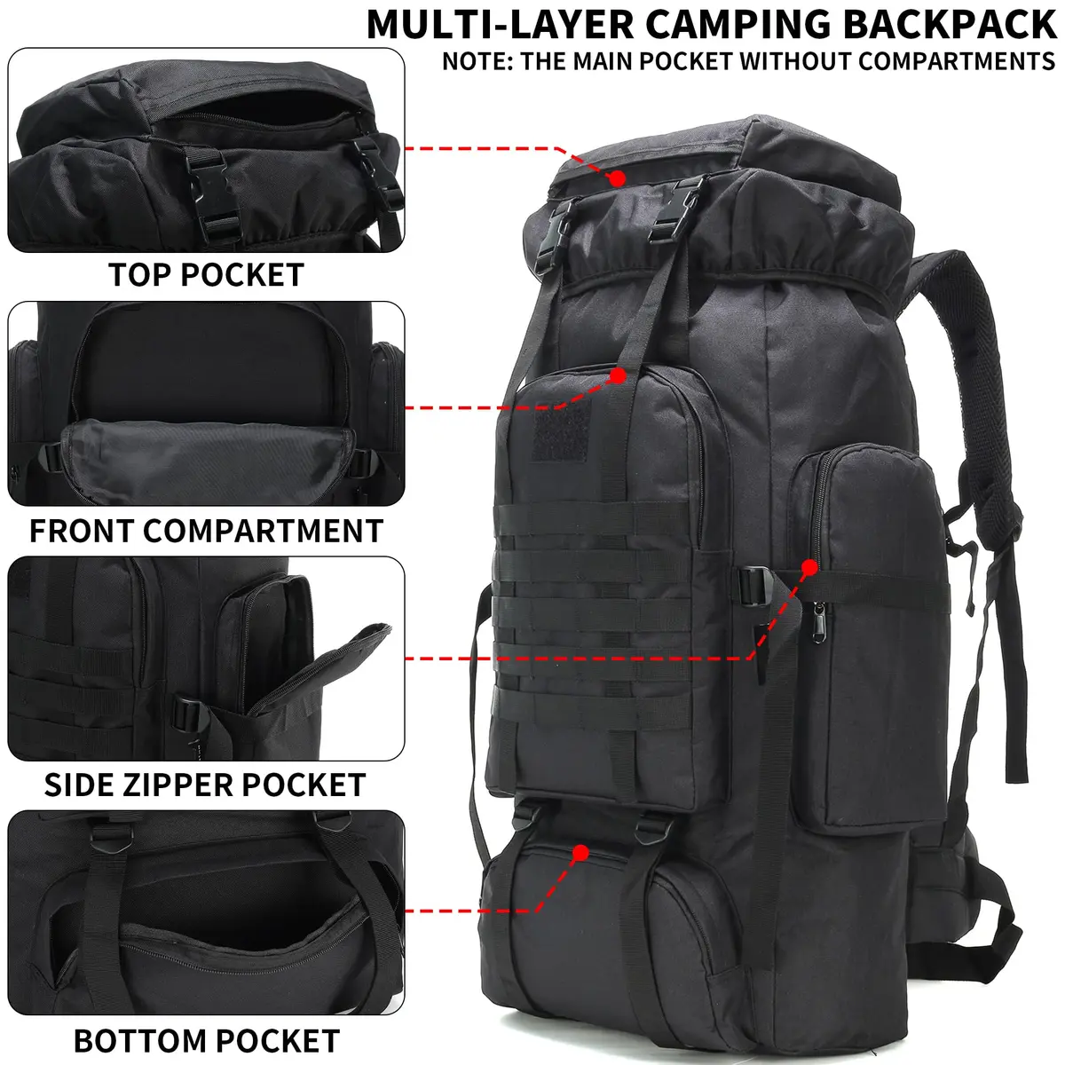 W WINTMING 70L Hiking Backpack for Men | Water-Resistant 900D Oxford, MOLLE System, Breathable Comfort - view 3
