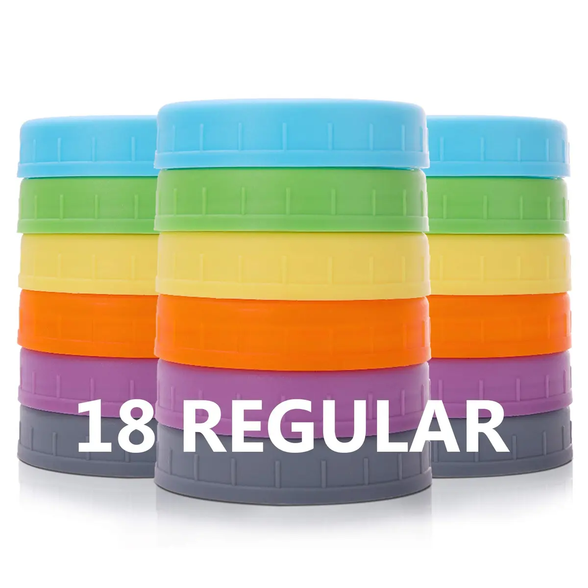 AOZITA Plastic Regular Mouth Mason Jar Lids (18 Pack, 70mm) | Colored Storage Caps for Ball Jars, Leak Proof, Dishwasher Safe - main product image
