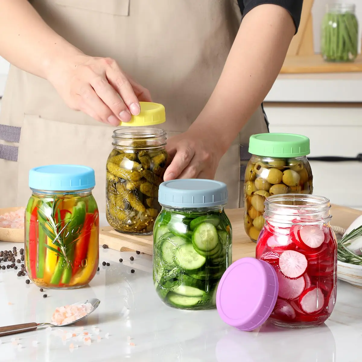 AOZITA Plastic Regular Mouth Mason Jar Lids (18 Pack, 70mm) | Colored Storage Caps for Ball Jars, Leak Proof, Dishwasher Safe - view 7