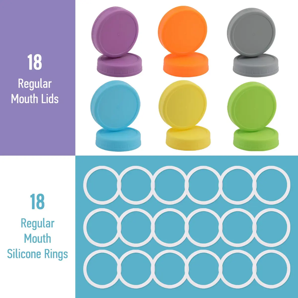 AOZITA Plastic Regular Mouth Mason Jar Lids (18 Pack, 70mm) | Colored Storage Caps for Ball Jars, Leak Proof, Dishwasher Safe - view 2