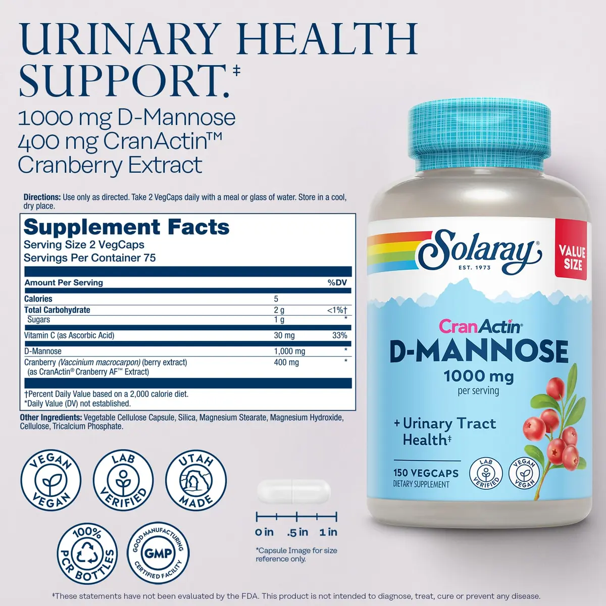 SOLARAY D-Mannose with CranActin Cranberry Supplement 150 Count | Urinary Tract Support & Antioxidant Boost - view 2
