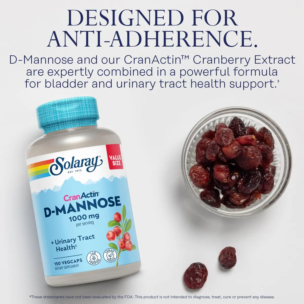 SOLARAY D-Mannose with CranActin Cranberry Supplement 150 Count | Urinary Tract Support & Antioxidant Boost - view 3
