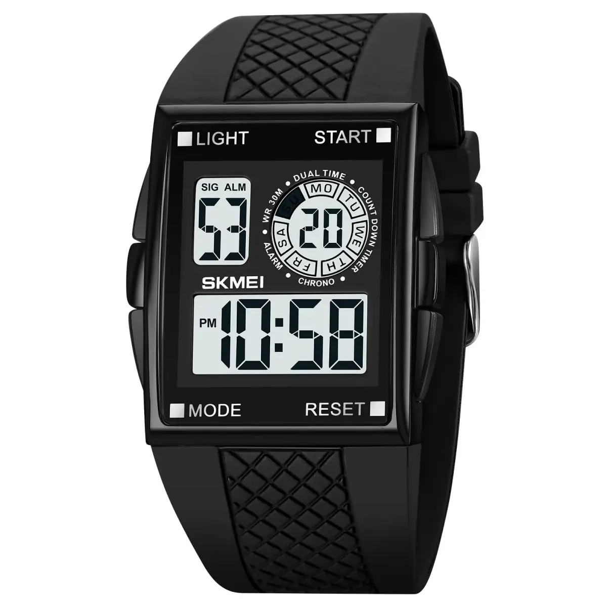 FANMIS Rectangle Dial Sports Watch with 7-Color LED Backlight & Dual Time Zones | 38mm Case, Rubber Strap - main product image
