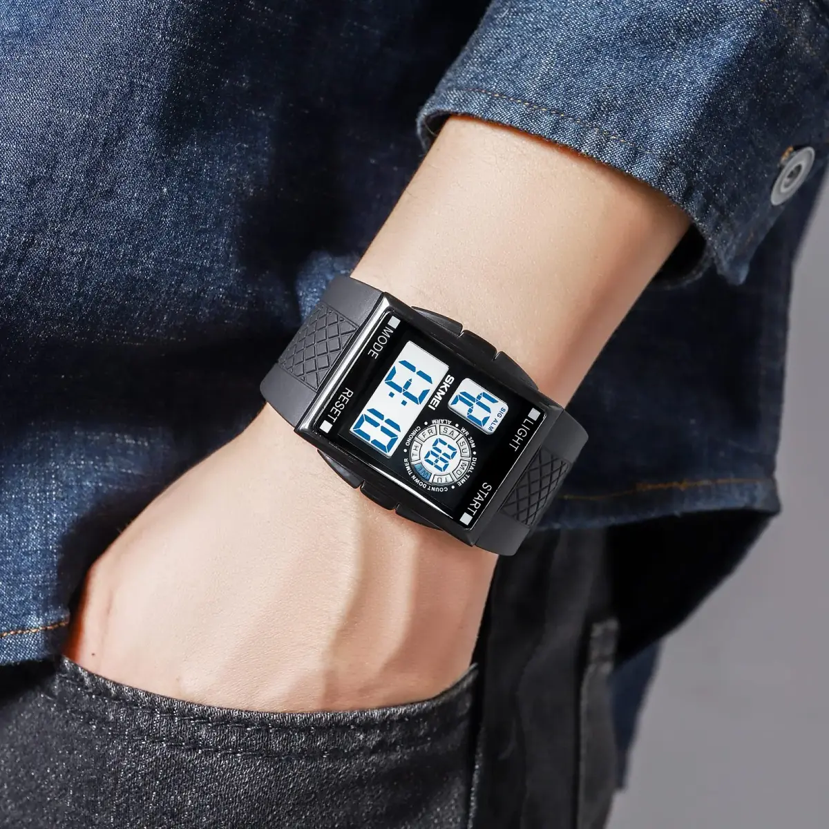 FANMIS Rectangle Dial Sports Watch with 7-Color LED Backlight & Dual Time Zones | 38mm Case, Rubber Strap - view 2