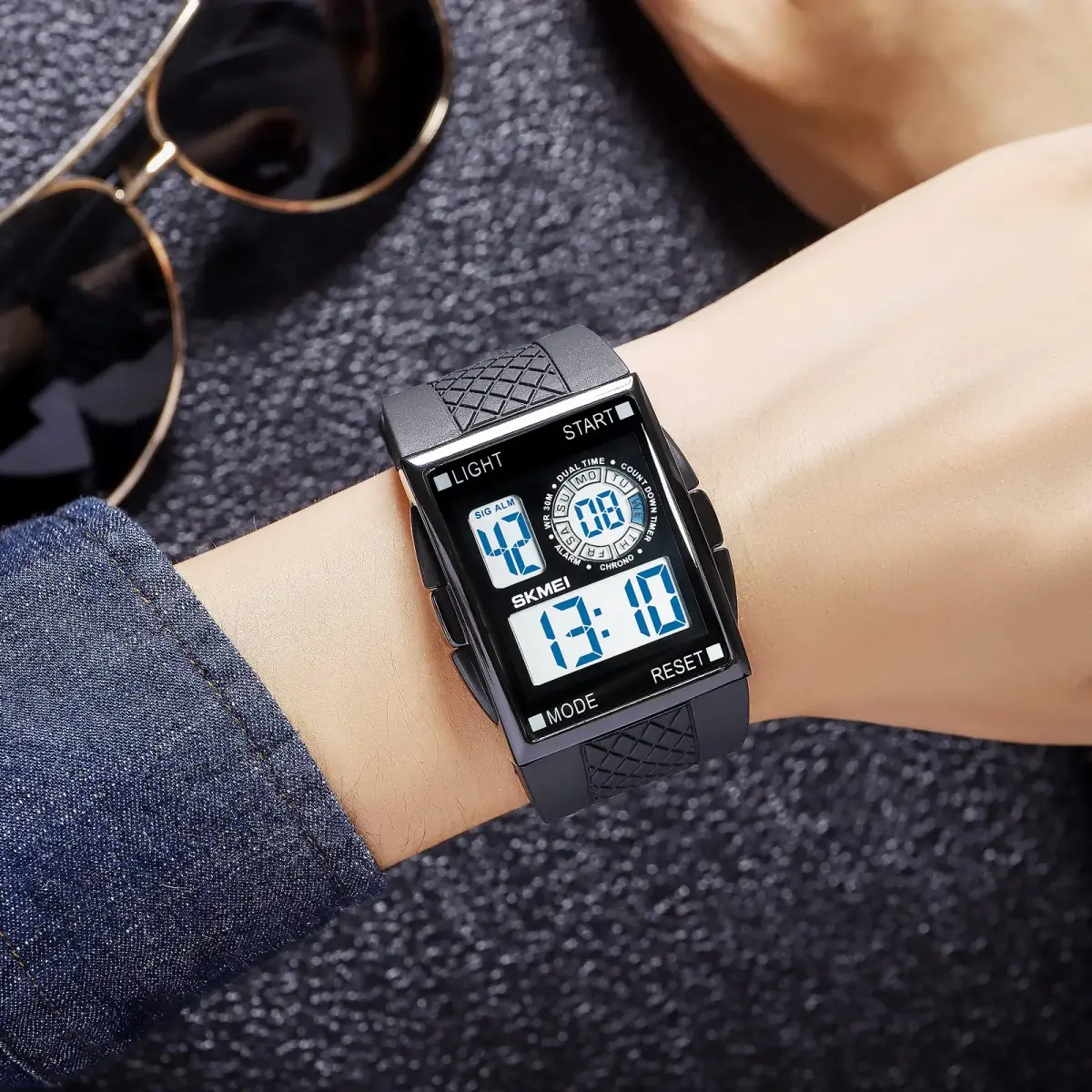 FANMIS Rectangle Dial Sports Watch with 7-Color LED Backlight & Dual Time Zones | 38mm Case, Rubber Strap - view 3