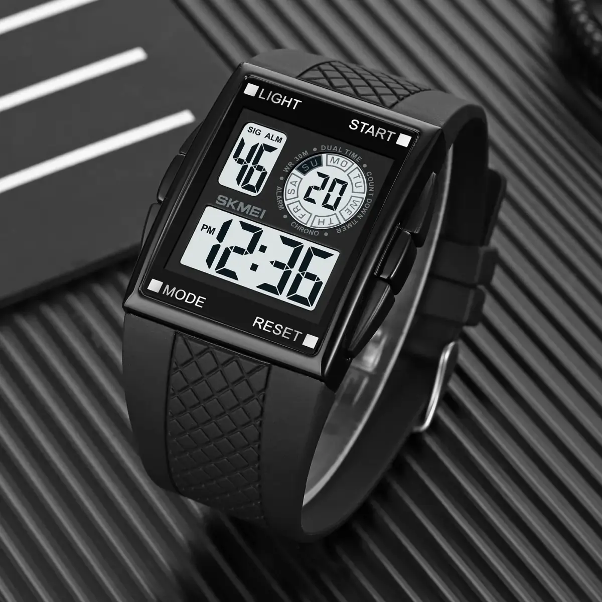 FANMIS Rectangle Dial Sports Watch with 7-Color LED Backlight & Dual Time Zones | 38mm Case, Rubber Strap - view 4