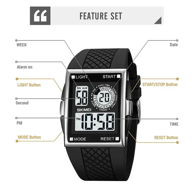 FANMIS Men's Rectangle Analog Digital Sports Watch 34mm Black | Dual Time Zone LED Backlight - view 6