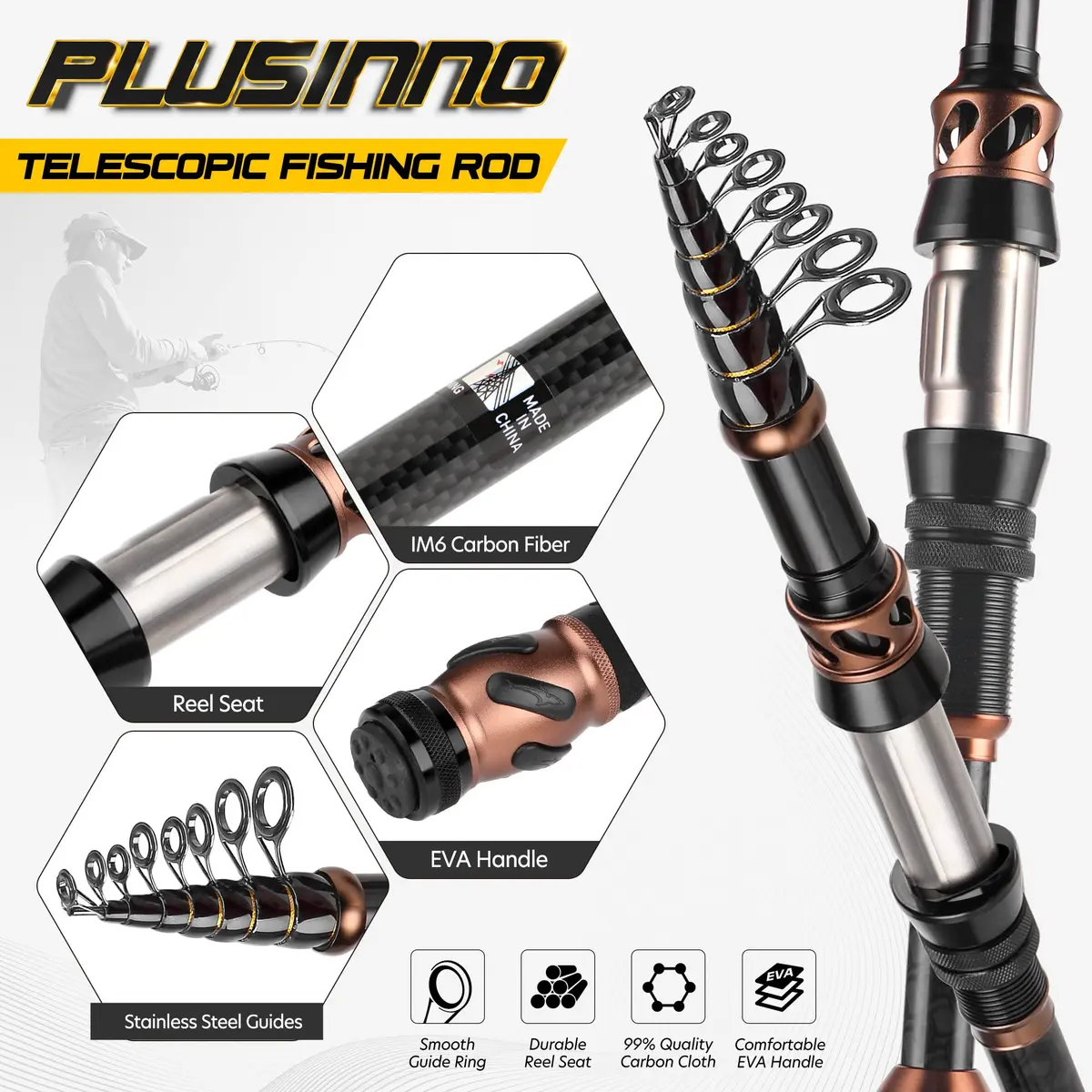 PLUSINNO 1.8M (5.91Ft) Telescopic Fishing Rod and Spinning Reel Combo | Carbon Fiber & Fiberglass Composite - view 3