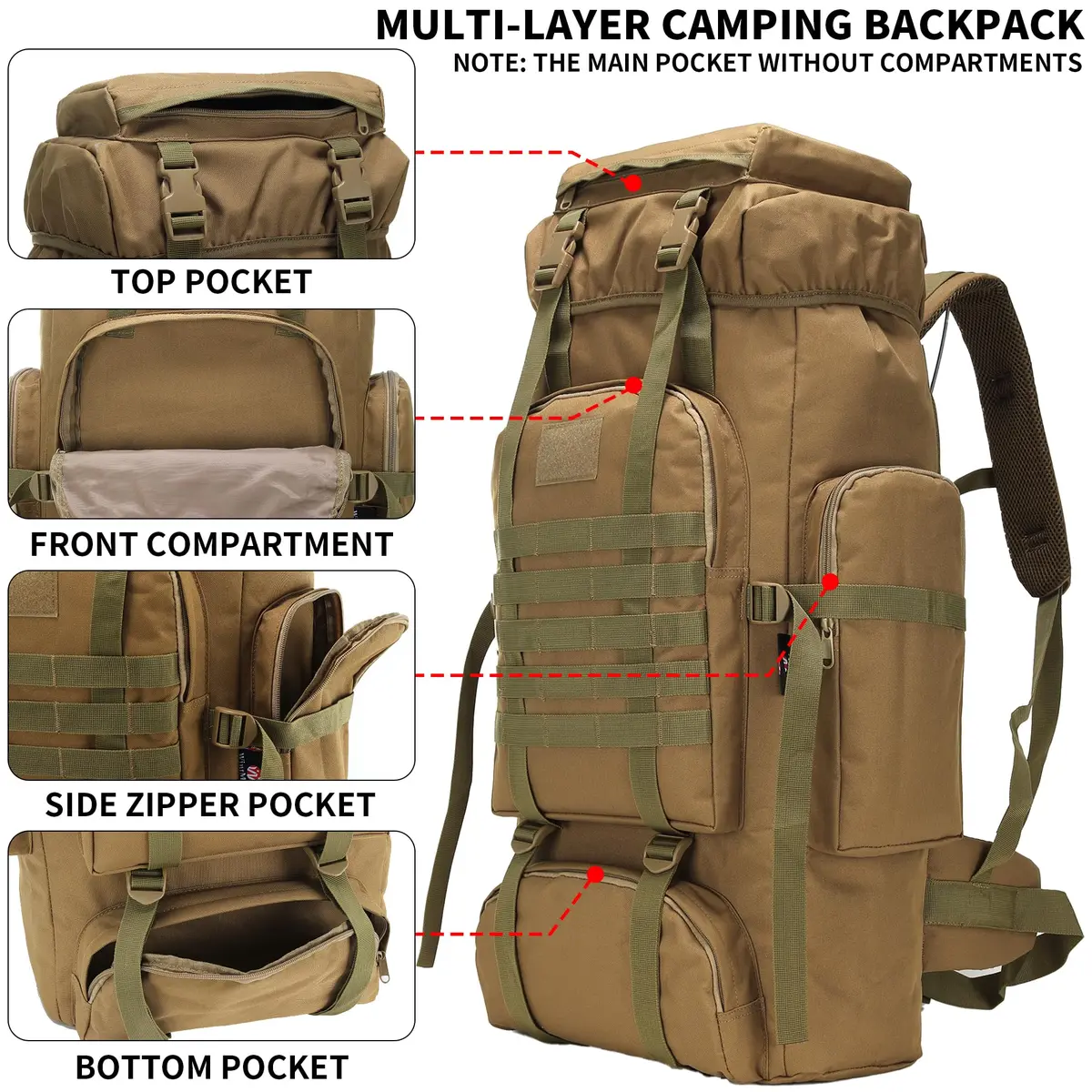 W WINTMING 70L Hiking Backpack for Men | Military Rucksack with Molle System & Expandable Capacity - view 3