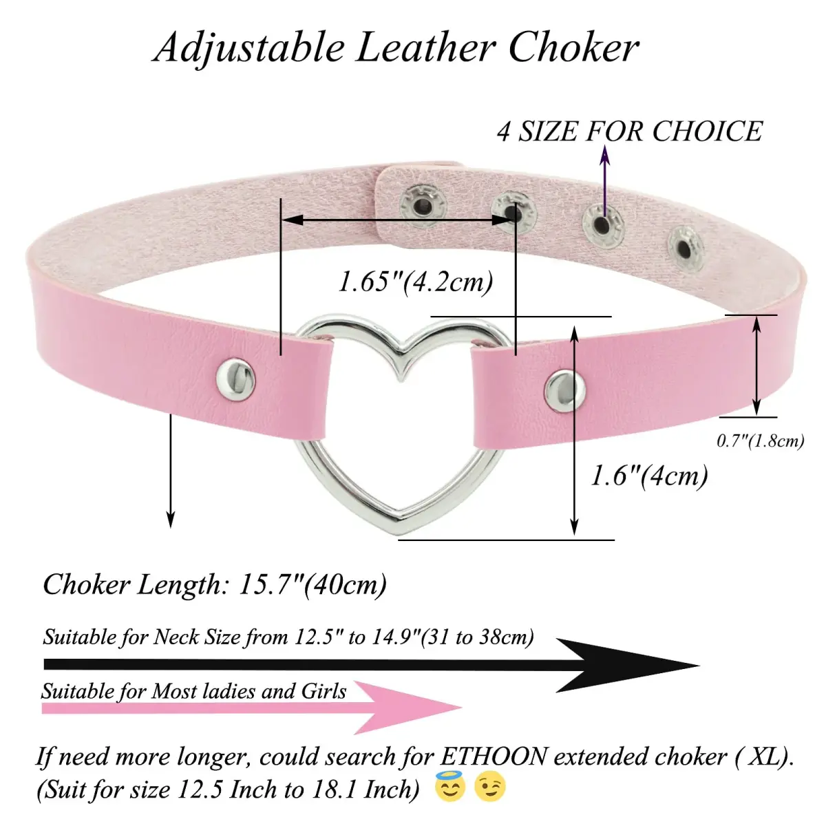 ETHOON Love Heart PU Leather Choker Necklace Pink | 40 cm (15.7") Adjustable - view 2