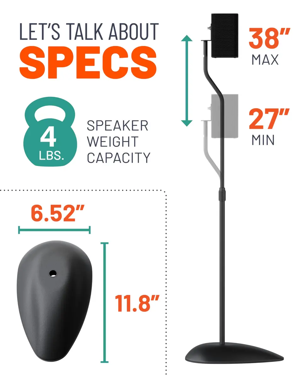 ECHOGEAR Universal Speaker Stands Pair - Height Adjustable 11" (28cm) - Steel Construction - Black - view 7