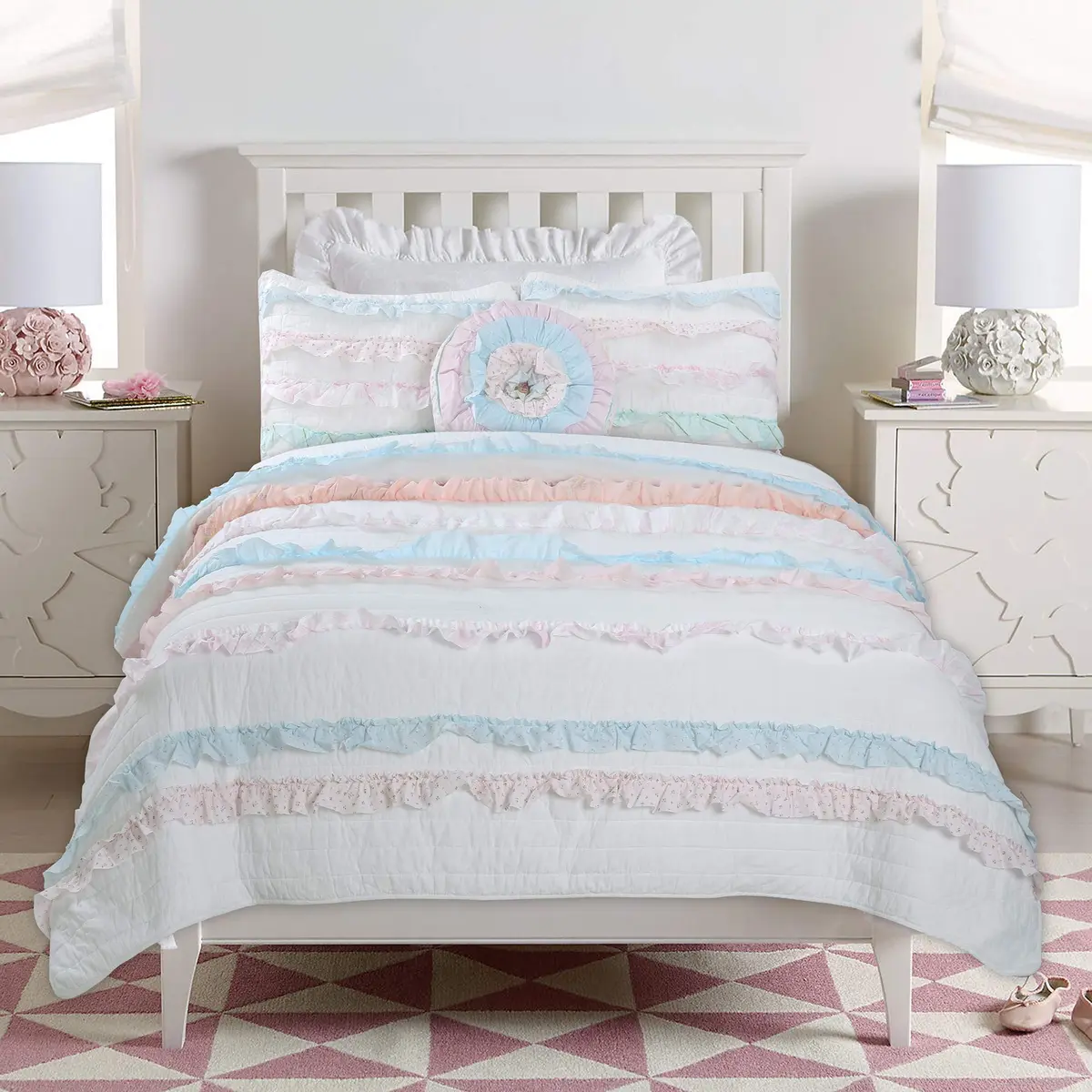 Cozy Line Home Fashions Light Pink Blue Coral White Ruffle 100% Cotton Reversible Girl Quilt Bedding Set, Reversible Coverlet Bedspread (Shabby Chic, Twin - 3 Piece) - main product image