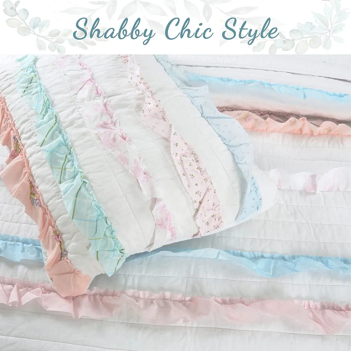 Cozy Line Home Fashions Light Pink Blue Coral White Ruffle 100% Cotton Reversible Girl Quilt Bedding Set, Reversible Coverlet Bedspread (Shabby Chic, Twin - 3 Piece) - view 5