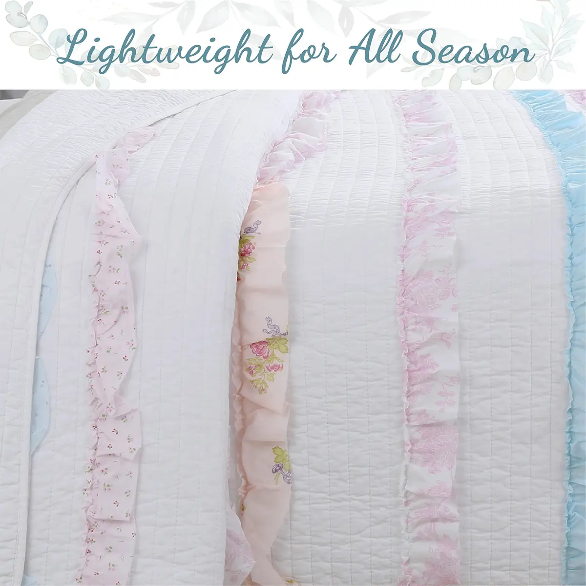 Cozy Line Home Fashions Light Pink Blue Coral White Ruffle 100% Cotton Reversible Girl Quilt Bedding Set, Reversible Coverlet Bedspread (Shabby Chic, Twin - 3 Piece) - view 6