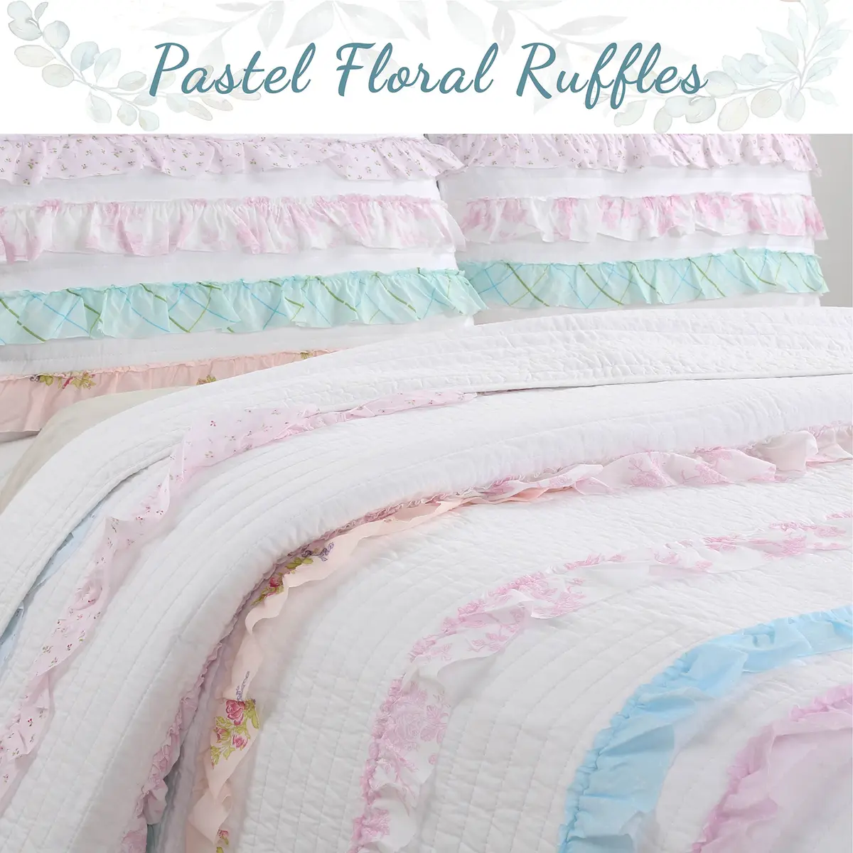 Cozy Line Home Fashions Light Pink Blue Coral White Ruffle 100% Cotton Reversible Girl Quilt Bedding Set, Reversible Coverlet Bedspread (Shabby Chic, Twin - 3 Piece) - view 7