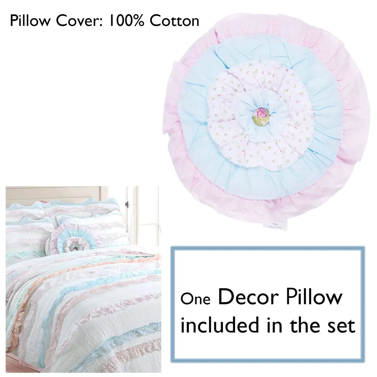 Cozy Line Home Fashions Light Pink Blue Coral White Ruffle 100% Cotton Reversible Girl Quilt Bedding Set, Reversible Coverlet Bedspread (Shabby Chic, Twin - 3 Piece) - view 2