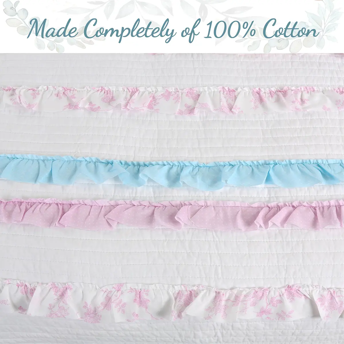 Cozy Line Home Fashions Light Pink Blue Coral White Ruffle 100% Cotton Reversible Girl Quilt Bedding Set, Reversible Coverlet Bedspread (Shabby Chic, Twin - 3 Piece) - view 3