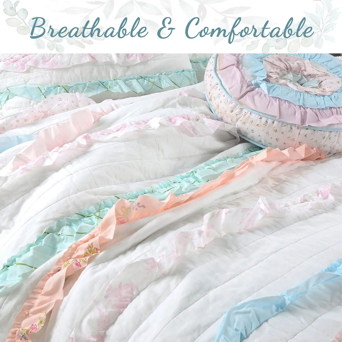 Cozy Line Home Fashions Light Pink Blue Coral White Ruffle 100% Cotton Reversible Girl Quilt Bedding Set, Reversible Coverlet Bedspread (Shabby Chic, Twin - 3 Piece) - view 4