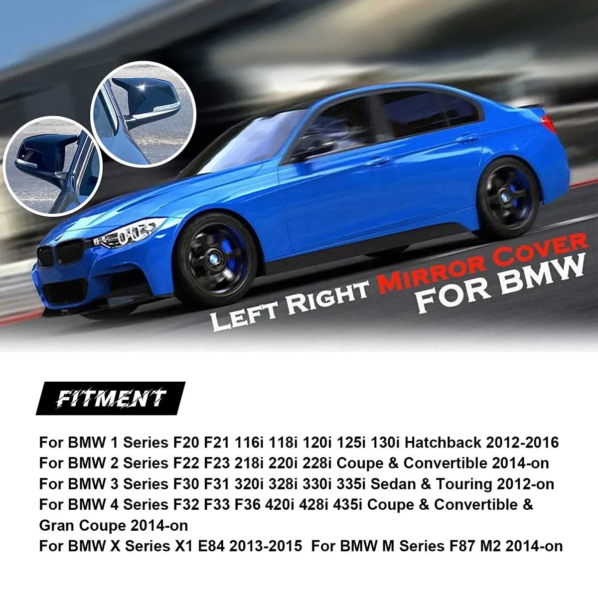 TEANTECH Glossy Black Replacement Mirror Covers Pair for BMW F20-F87 M2 X1 E84 | 29cm x 16.5cm (11.4" x 6.5") - view 4