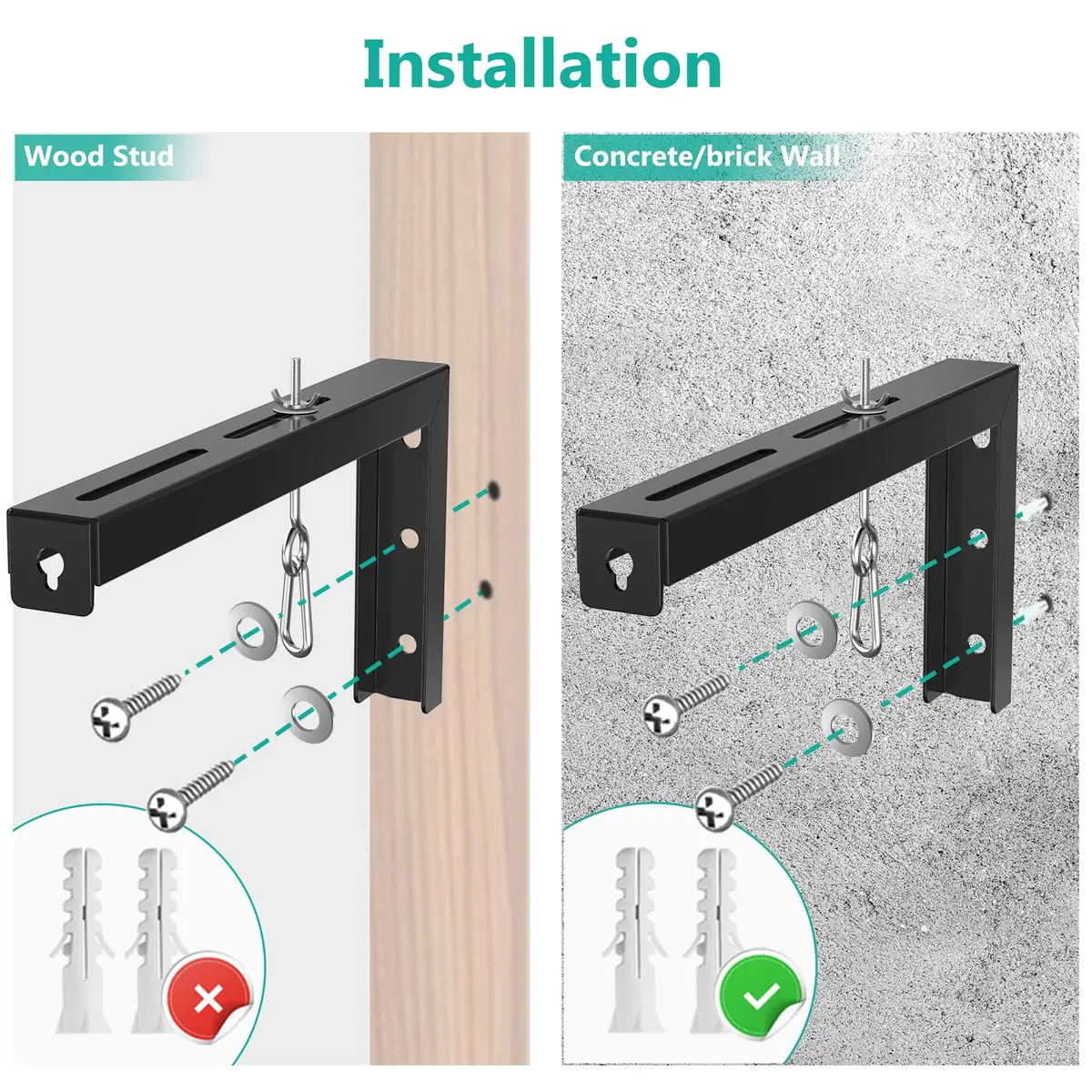 WALI Universal Projector Screen Mount L-Brackets 12 inch Adjustable Extension with Hook Kit, Black | Holds up to 36kg (80 lbs) - view 7