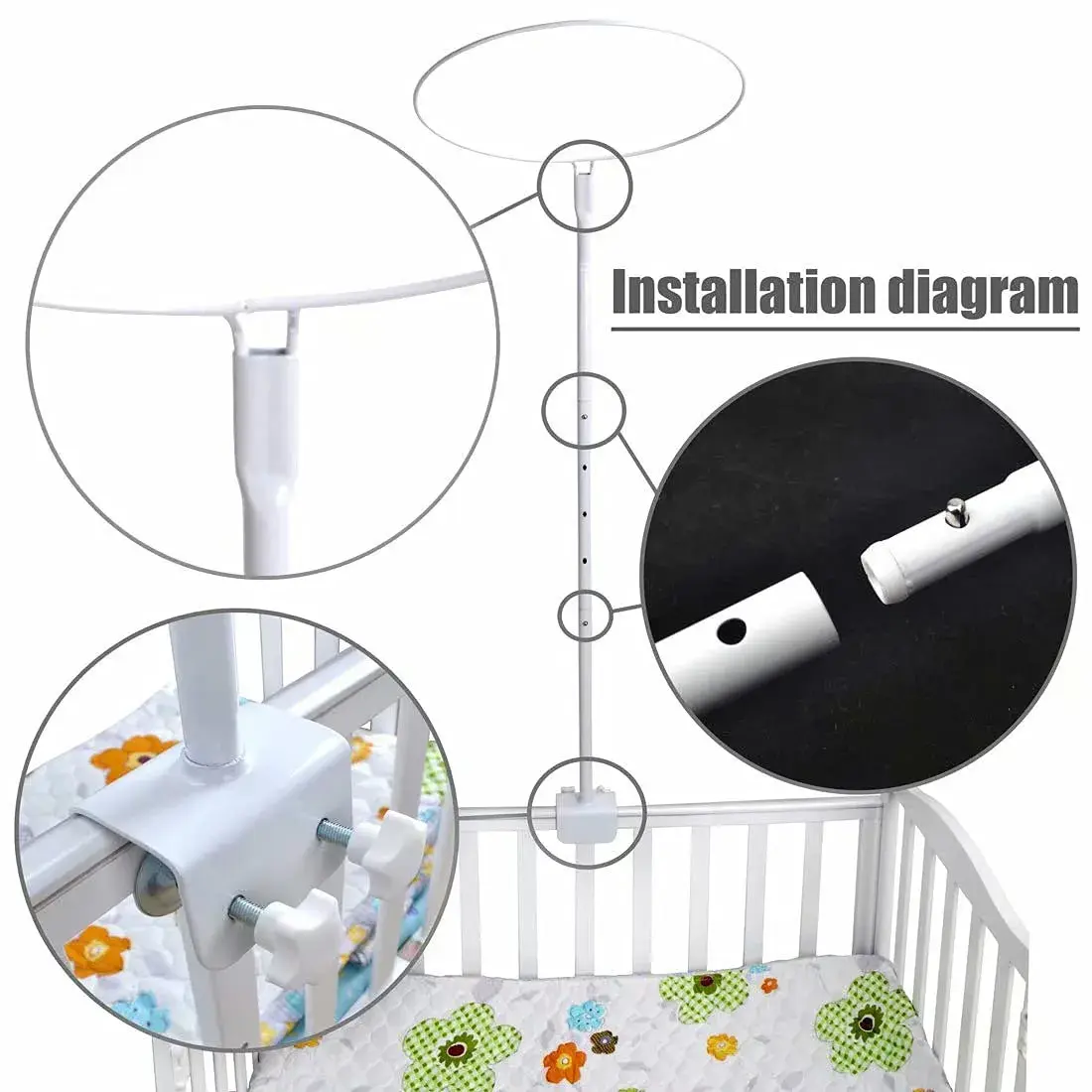 HanYun Baby Bed Canopy with Adjustable Clip-on Stand, White Polyester Mesh, 139.7 cm (55 in) Height | Breathable See-Through Netting for Cribs & Cots - view 4