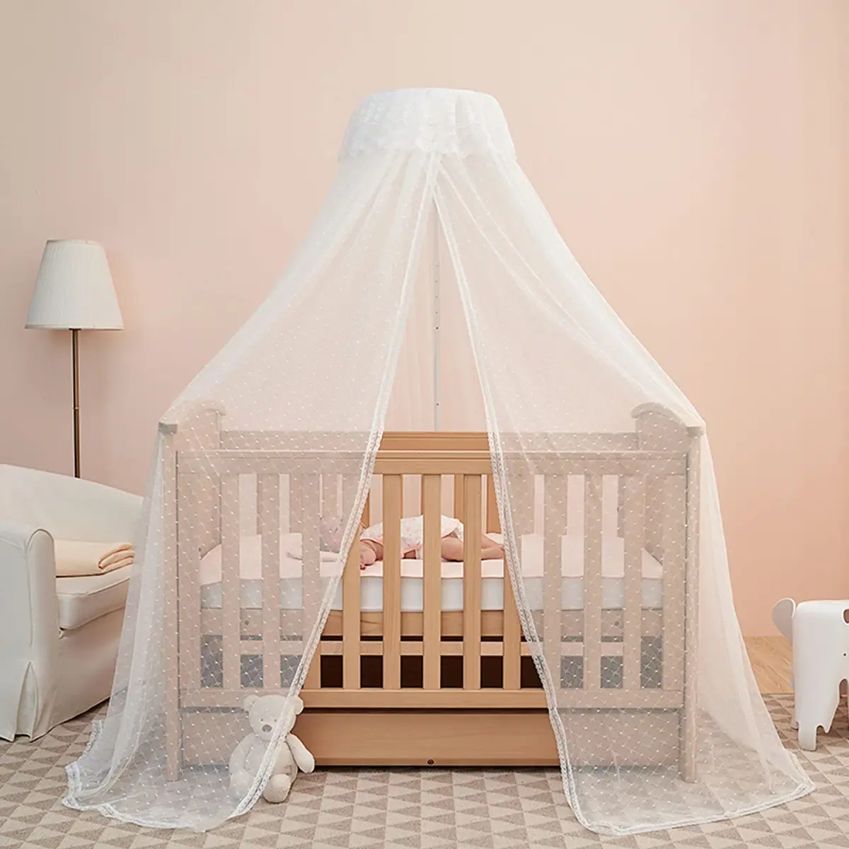 HanYun Baby Bed Canopy with Adjustable Clip-on Stand, White Polyester Mesh, 139.7 cm (55 in) Height | Breathable See-Through Netting for Cribs & Cots - main product image