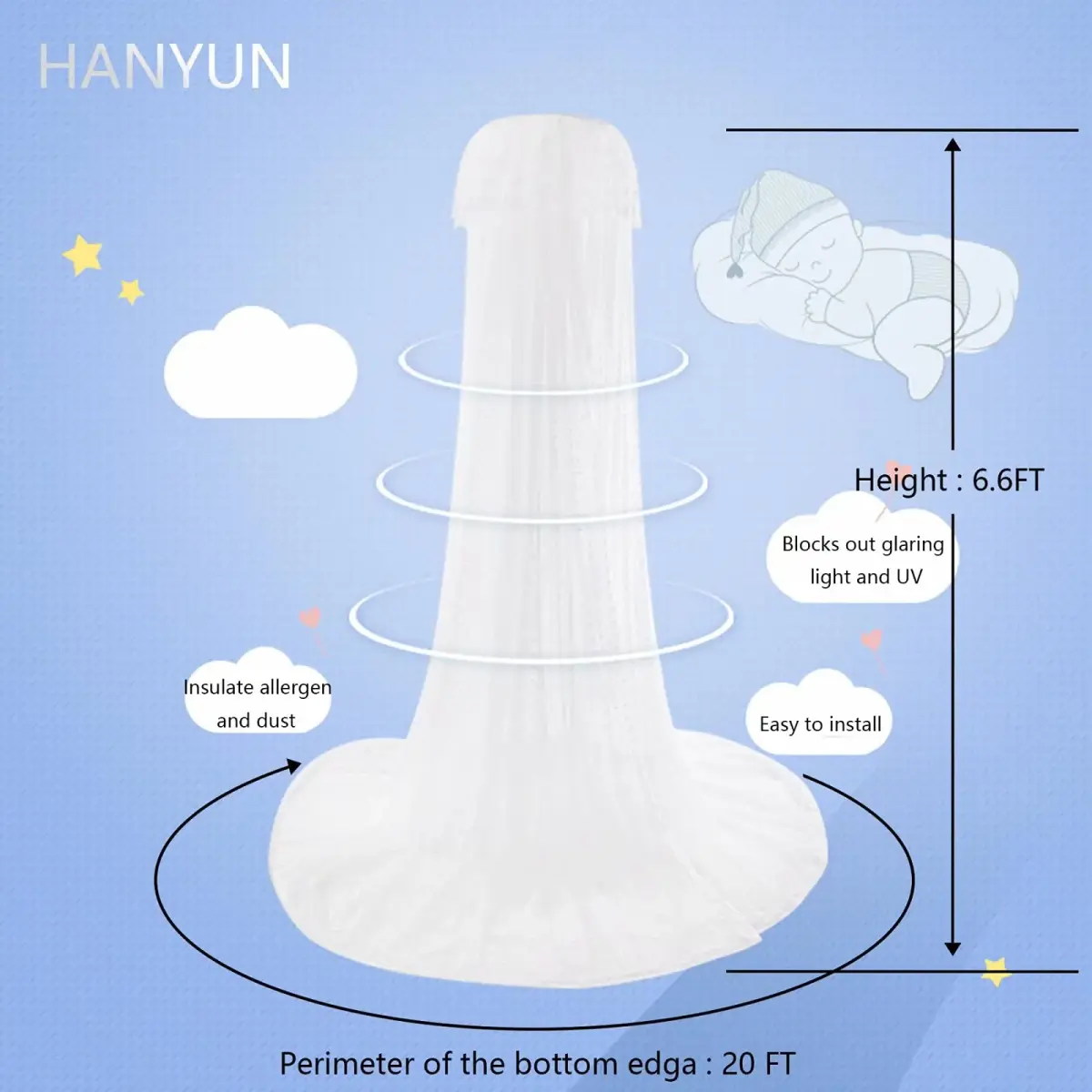 HanYun Baby Bed Canopy with Adjustable Clip-on Stand, White Polyester Mesh, 139.7 cm (55 in) Height | Breathable See-Through Netting for Cribs & Cots - view 2