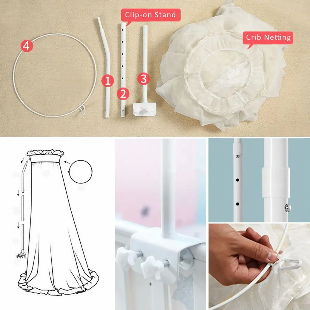 HanYun Baby Bed Canopy with Adjustable Clip-on Stand, White Polyester Mesh, 139.7 cm (55 in) Height | Breathable See-Through Netting for Cribs & Cots - view 3