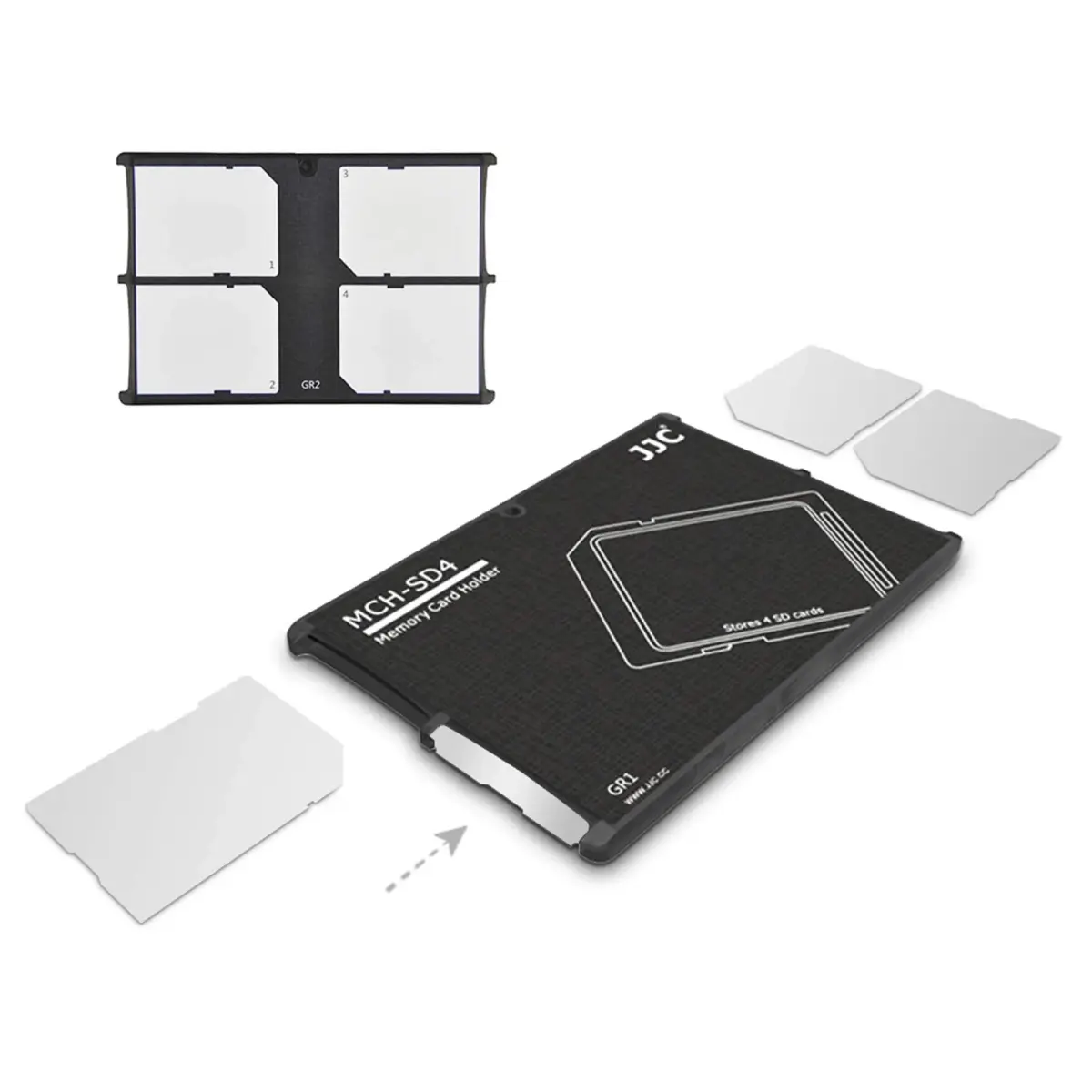JJC 4 Slot SD Card Holder Case Storage Organizer, Slim Ultra-Thin SDHC SDXC Box | Credit Card Size Portable Memory Card Container - main product image