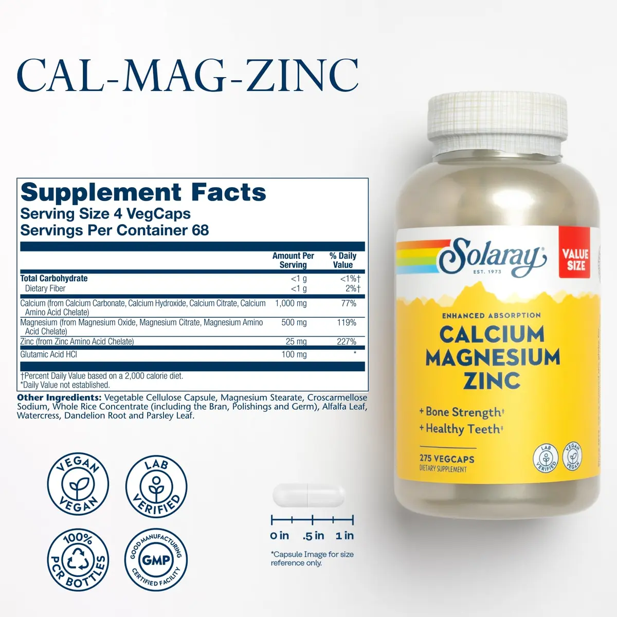 SOLARAY Calcium Magnesium Zinc, 275 VegCaps | Supports Bone & Immune Health, Vegan - view 2