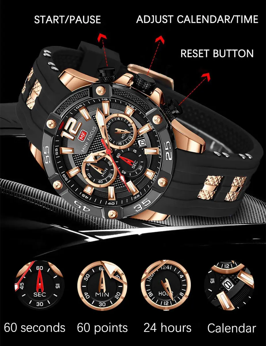 MF MINI FOCUS Men's Chronograph Watch 47mm (1.85") | Japanese Quartz Movement, Water Resistant 30M, Silicone Strap - view 5