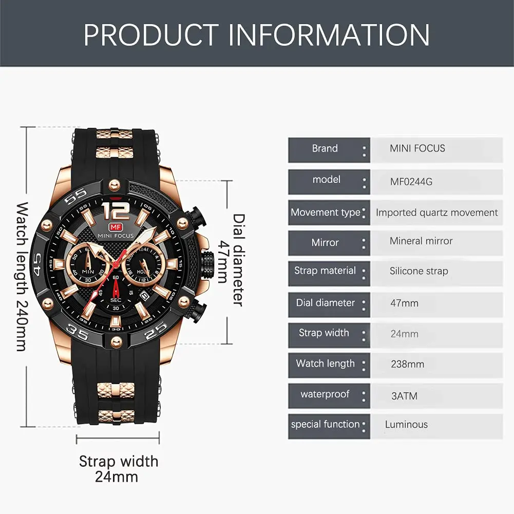 MF MINI FOCUS Men's Chronograph Watch 47mm (1.85") | Japanese Quartz Movement, Water Resistant 30M, Silicone Strap - view 6