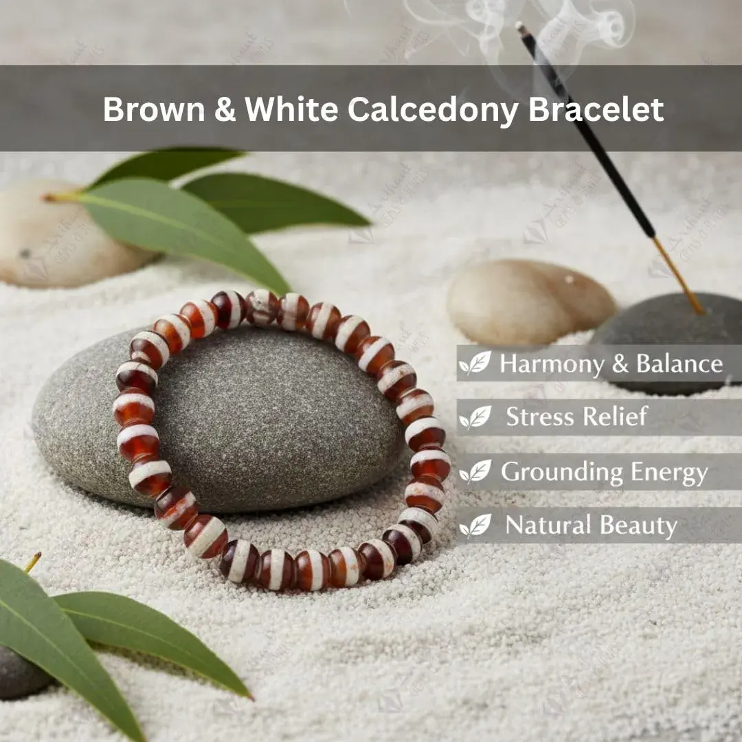 Arihant Gems & Jewels Brown White Chalcedony Gemstone Stretch Bracelet 19 cm (7.5 inches) | Handmade Natural Stone Healing Energy - view 7