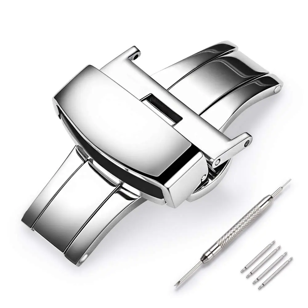 TEXNEWS Stainless Steel Deployment Clasp for Leather Watch Bands 18mm (0.71 in) | Polished Silver Buckle for Men - main product image