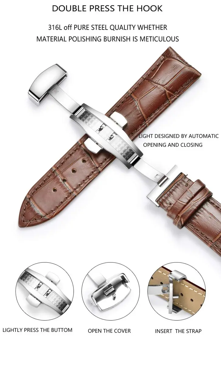 TEXNEWS Stainless Steel Deployment Clasp for Leather Watch Bands 18mm (0.71 in) | Polished Silver Buckle for Men - view 6