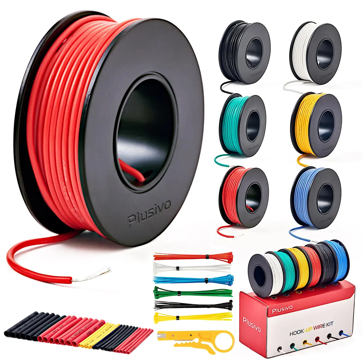 Plusivo 22 AWG Stranded Wire Kit – Silicone Coated Copper Wires 23ft/7m Each Spool, 6 Colors | Electrical Jumper Wire Hook Up Wire Kit - main product image