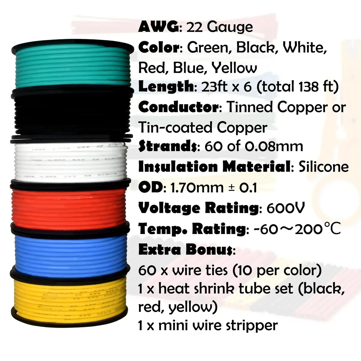 Plusivo 22 AWG Stranded Wire Kit – Silicone Coated Copper Wires 23ft/7m Each Spool, 6 Colors | Electrical Jumper Wire Hook Up Wire Kit - view 3