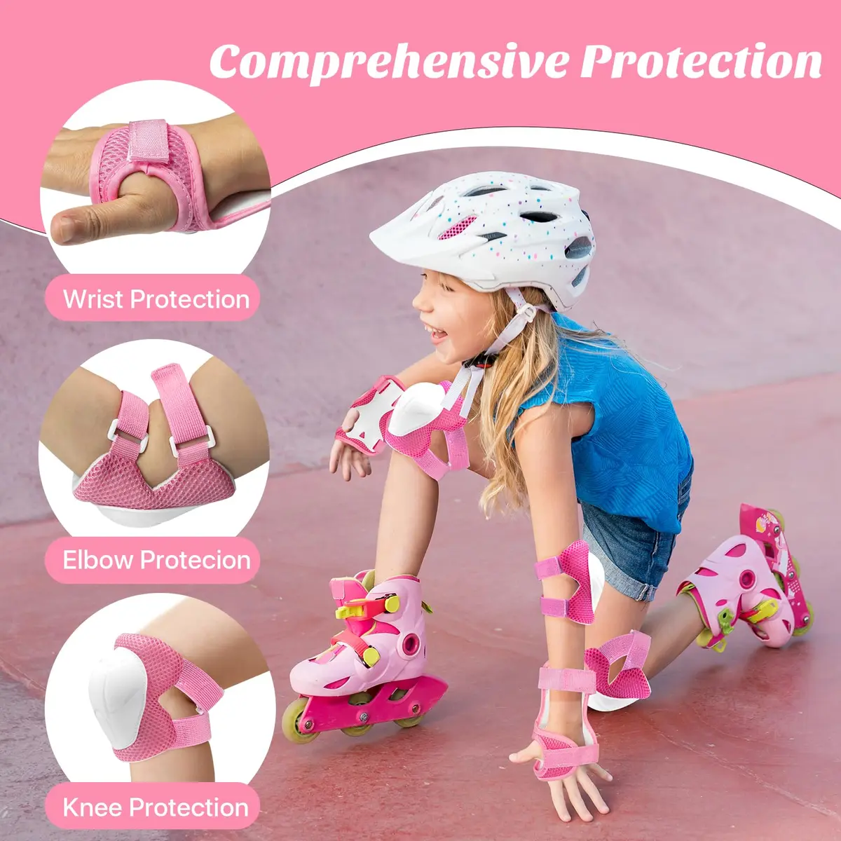 CKE Kids Knee Pads and Elbow Pads with Wrist Guards 3-in-1 Protective Gear Set for Skating, Cycling, Scooter (Pink, Small) - view 5