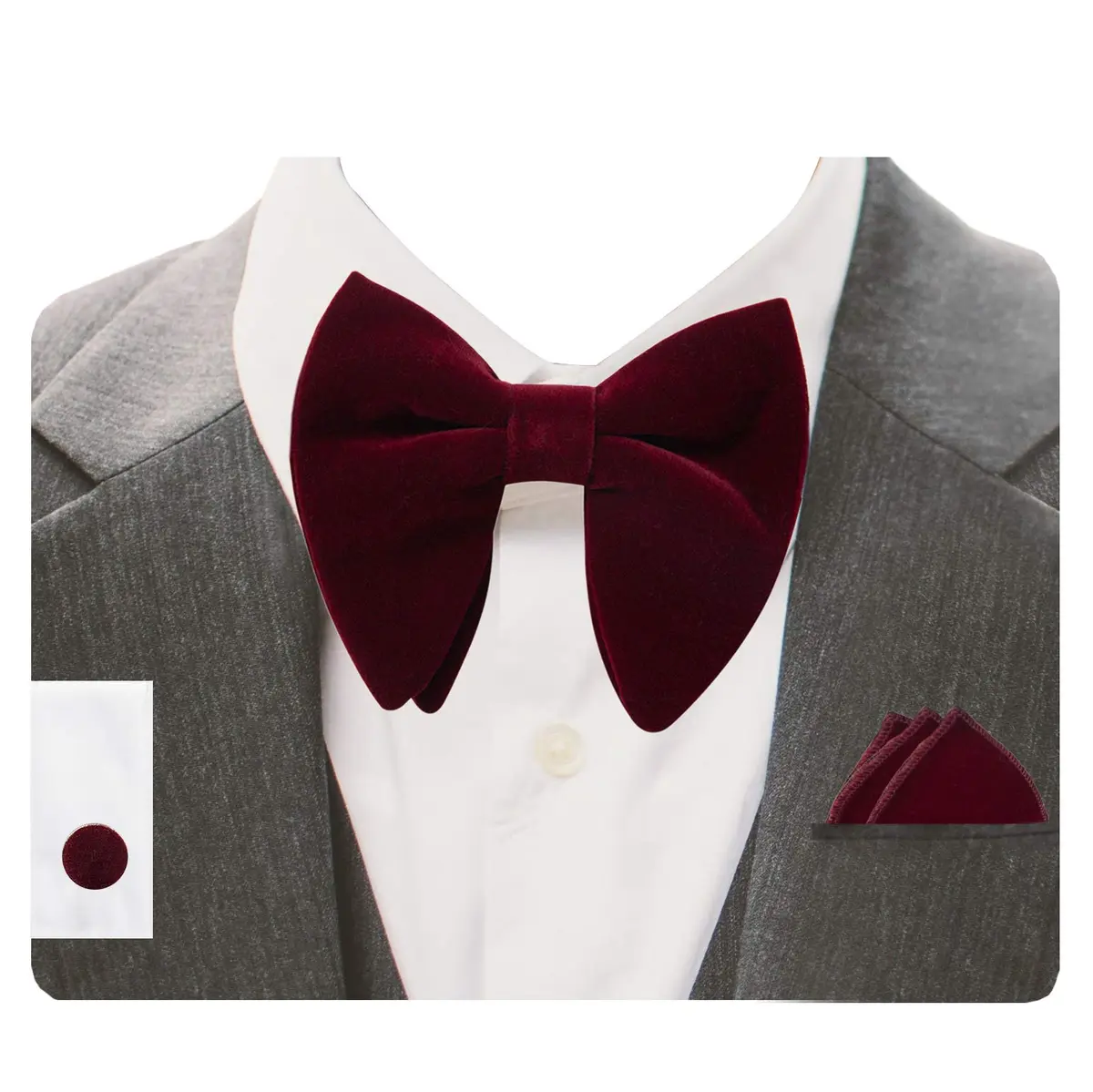 GUSLESON Velvet Bow Tie and Pocket Square Set | Burgundy Wedding Accessory - main product image